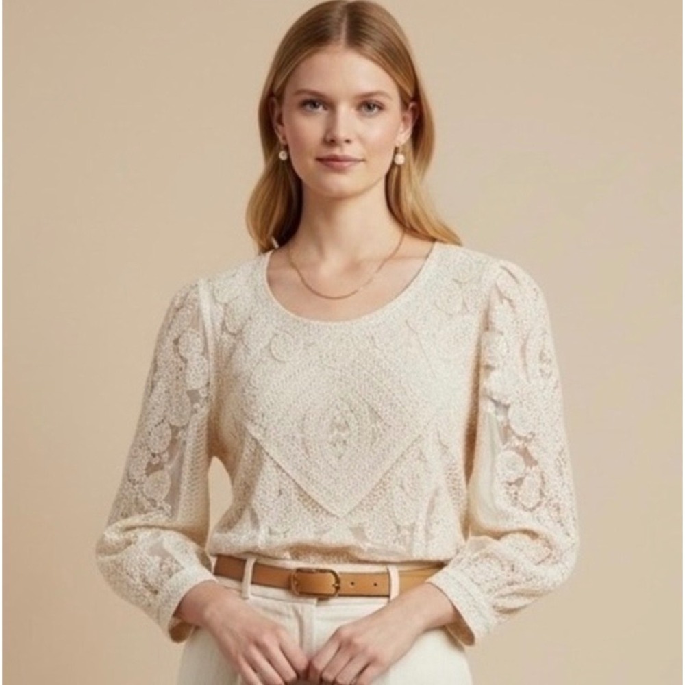 Ultra Pink Cream Lace Crochet Boho Blouse Size Large Long Sleeve Scoop Neck Top